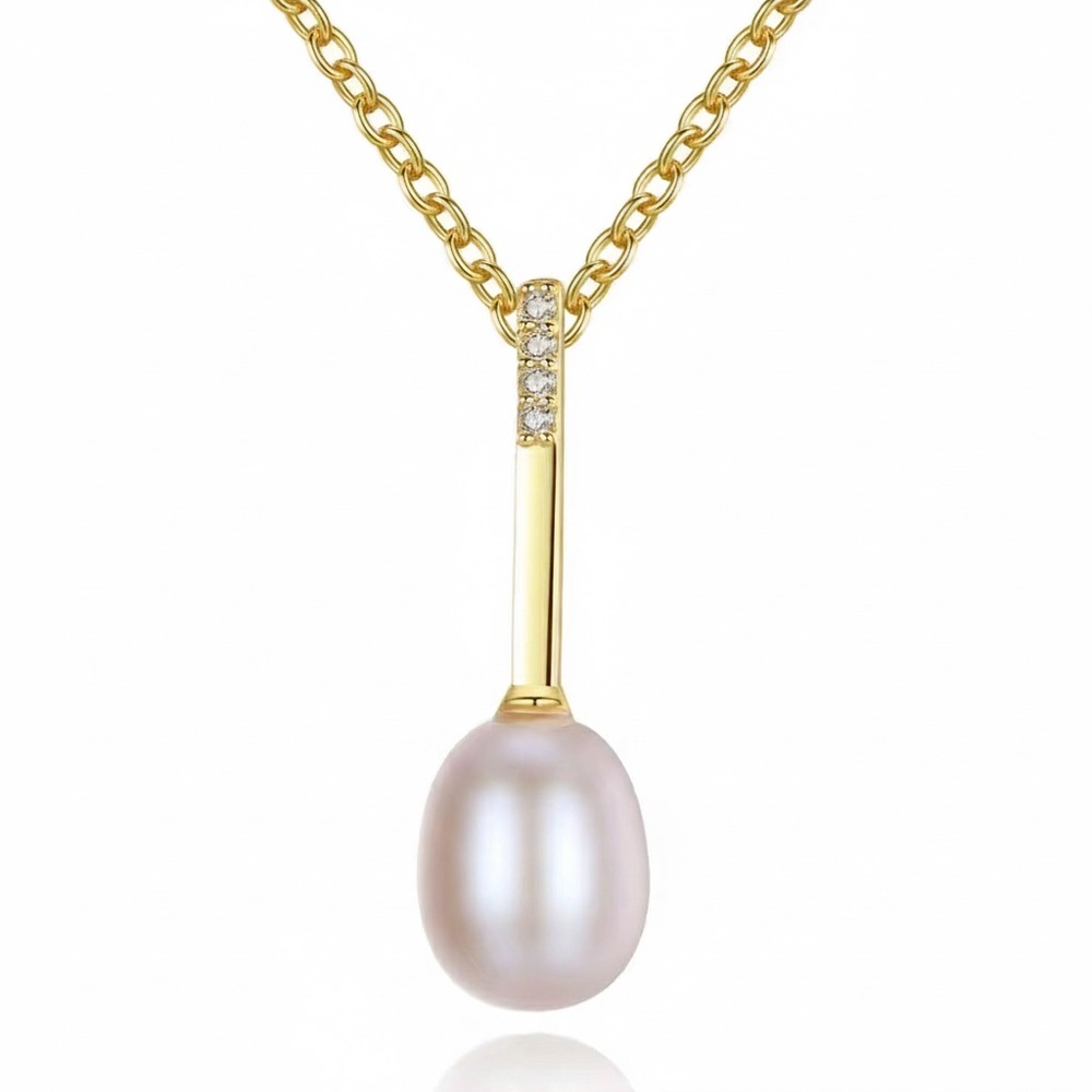 •Dainty 925 Silver Tone Gold With Zircon Accent & Natural Pearl Pendant Necklace